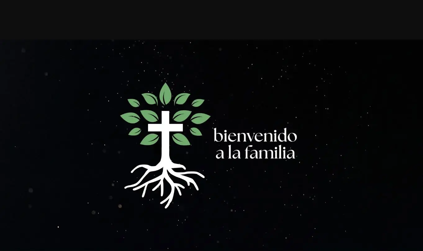 Identidad de Iglesia Punto de Gracia: un árbol con una cruz y el mensaje Bienvenido a la familia